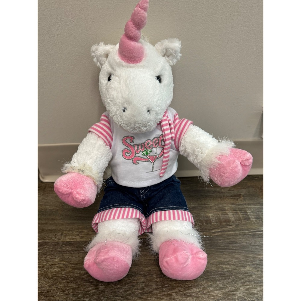 The Bear Factory Unicorn Plush White Pink 16" Good Summer Outfit Denim Shorts